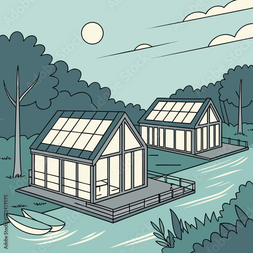 Modern minimalist eco friendly cabins with solar panels nestled by a serene lake surrounded by lush green trees and a bright sun in the sky