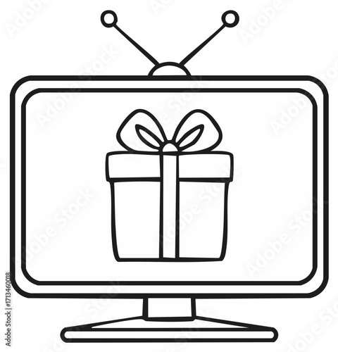Television displaying a gift box with a bow icon for online shopping or special offers