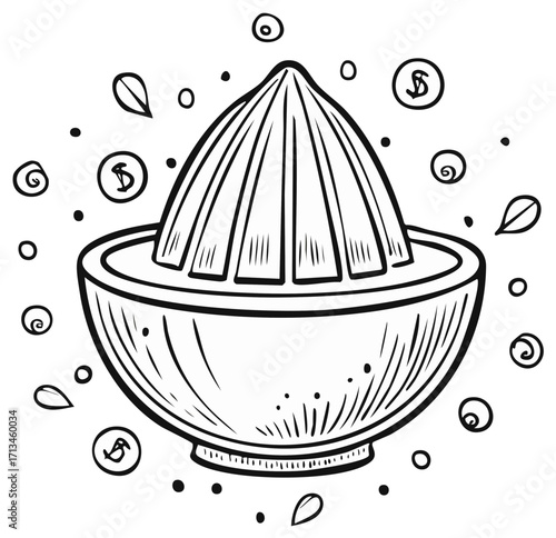 Monochrome hand drawn citrus juicer illustration with money symbols representing the profit of a fresh beverage business