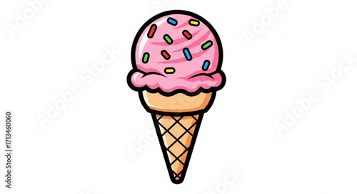 Delicious strawberry ice cream cone with sprinkles vector illustration for summer dessert and treat 100