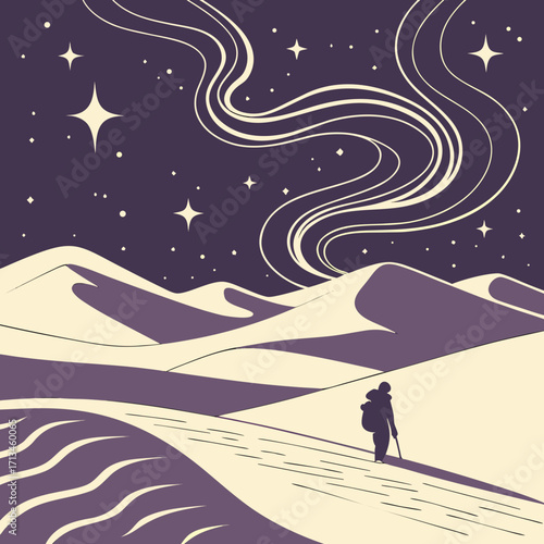 Solitary traveler walks across vast desert dunes under a starry night sky with swirling aurora borealis lights