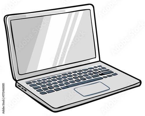 Illustration of an open modern laptop computer with a blank screen and keyboard, depicting technology