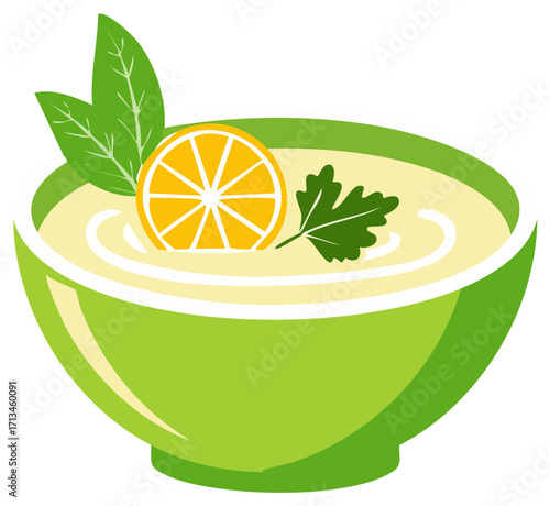 Delicious Creamy Soup in Green Bowl Garnished with Lemon Slice and Herbs Illustration