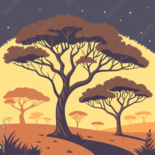 Stylized african savannah landscape at dusk under a starry night sky with iconic acacia trees