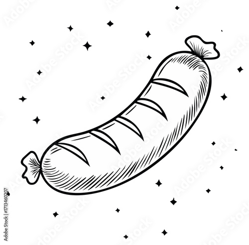 Hand drawn sparkling sausage illustration in a black and white vintage sketch style