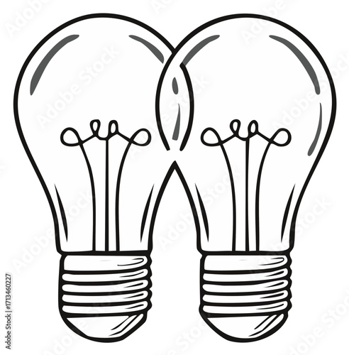 Two Light Bulbs Side by Side Concept Idea Black and White Illustration