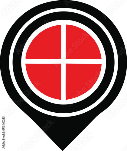 Modern red crosshairs location pin emblem symbol abstract geometric graphic design for navigation and targeting