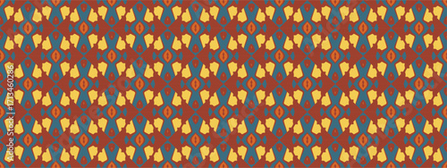 A repeating geometric pattern with stylized floral elements in earthy tones.
