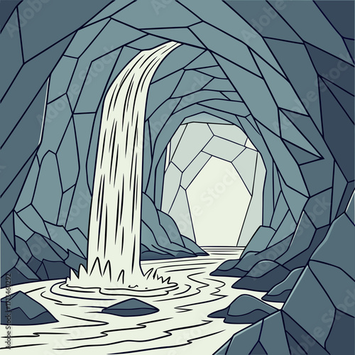 Stylized illustration of a cave interior with a waterfall cascading into a flowing river and an opening to the outside world