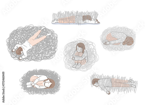 落ち込む若い女性のイラストセット