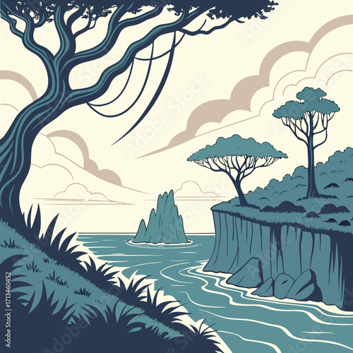 Stylized illustration of a serene coastal landscape with unique trees rocky outcrops and flowing water under a cloudy sky