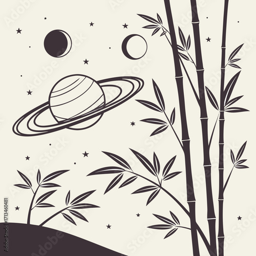 Stylized illustration of saturn and other planets with rings amidst bamboo stalks and stars on a cream background