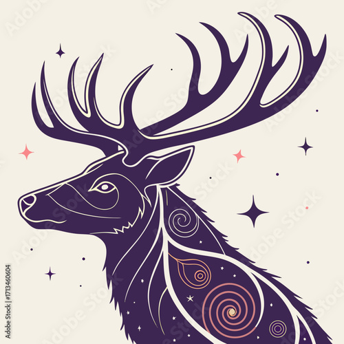 Stylized majestic stag with ornate antlers and celestial accents against a creamy background representing nature and mysticism