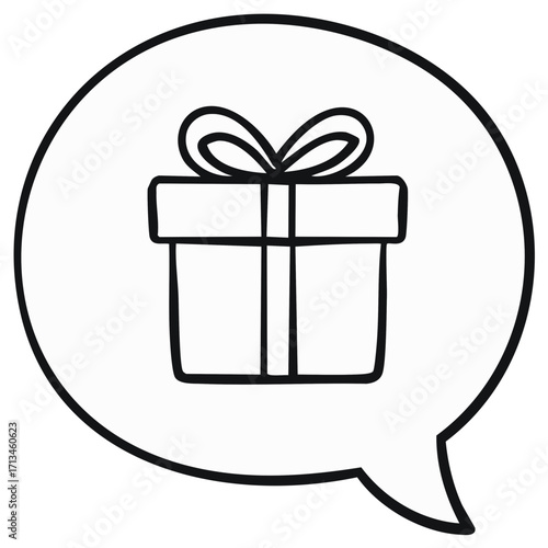 Hand-drawn outline gift box in speech bubble icon symbolizing present or surprise message
