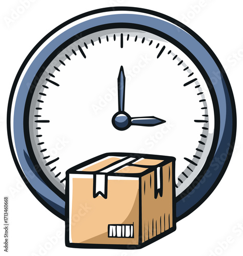 Cardboard delivery box and clock indicating urgent shipping time