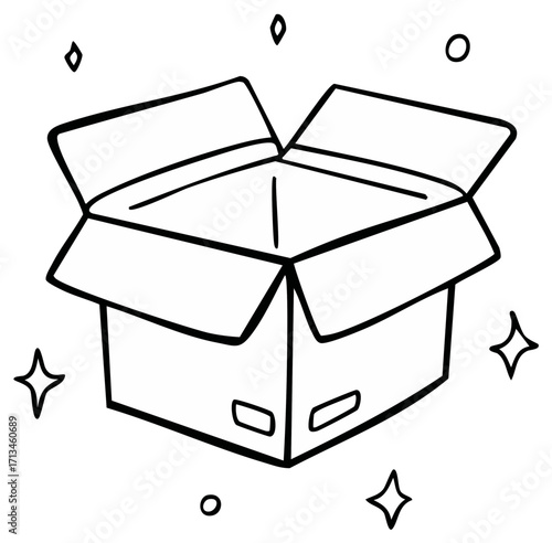 Open Cardboard Box with Sparkles Hand Drawn Black and White Line Art