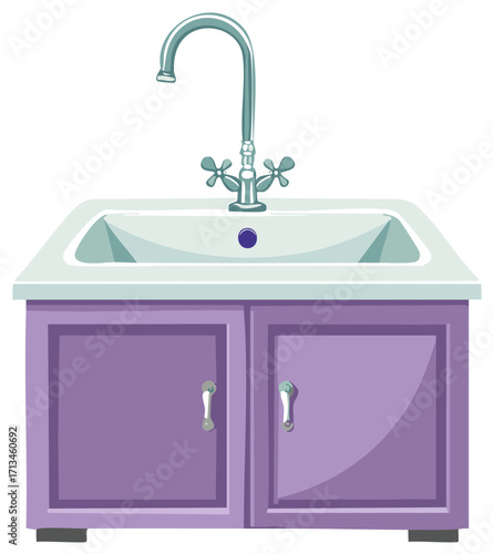 Cartoon illustration of a purple bathroom vanity with sink and faucet