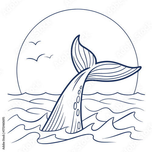 Stylized outline of a whale tail emerging from ocean waves under a large sun with birds flying overhead