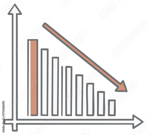 Decreasing bar graph with a downward arrow shows financial loss and declining trends