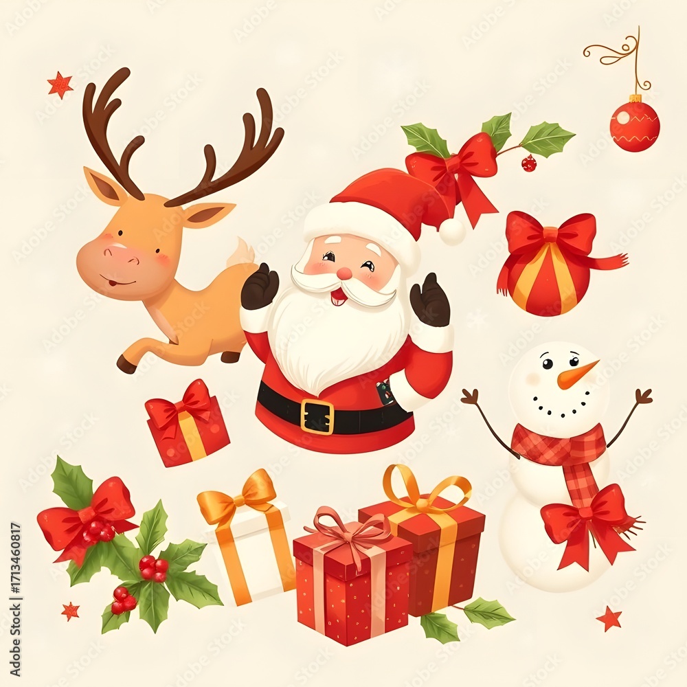 Naklejka premium A cute cartoon vector illustration of a Christmas icons set with a snowman, Santa Claus, gift, and a winter tree