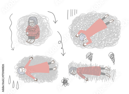 落ち込むシニアの女性のイラストセット