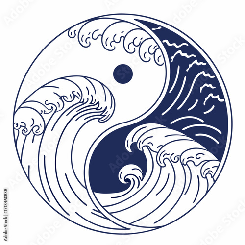Stylized yin yang symbol featuring dynamic blue waves and a central dark circle representing balance and harmony