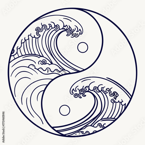 Stylized yin yang symbol featuring dynamic ocean waves and celestial circles in a minimalist dark blue line art design