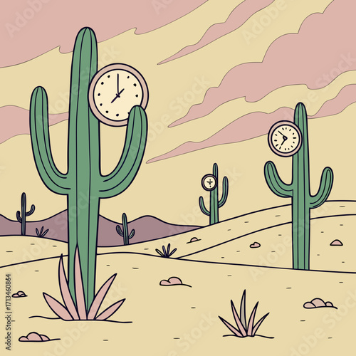 Surreal desert landscape with saguaro cacti growing clocks instead of arms under a pastel sky