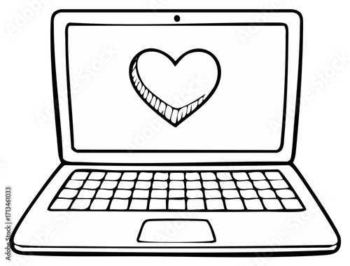 Doodle style laptop screen displays simple heart symbol for online dating concept or digital love connection
