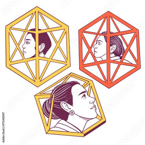 Three stylized portraits of women in profile each enclosed within a geometric cage like structure representing different perspectives and confinement