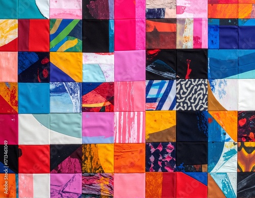 A vibrant patchwork quilt featuring an array of bright colors and intricate patterns, showcasing a blend of floral, geometric, and abstract designs.