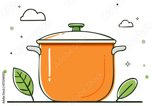 An orange cooking pot with a lid and green leaves stylized illustration for healthy food preparation
