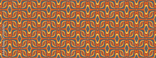 A repeating geometric pattern with a warm color palette featuring interconnected stylized floral or leaf motifs.