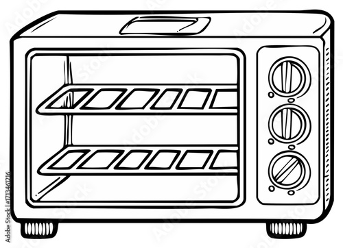 Hand drawn illustration of a retro toaster oven with two racks and three control knobs