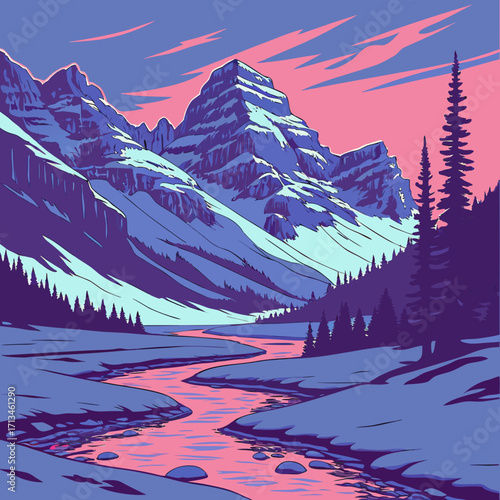 Vibrant stylized mountain landscape with a winding river and pink sky at dusk or dawn