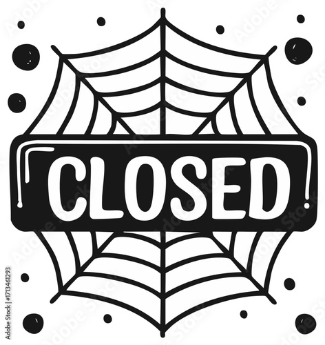 Festive Closed Sign Displayed on a Spider Web with Round Black Polka Dots Halloween Decorative Art