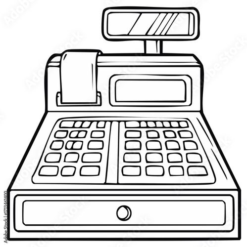 Vintage Cash Register Machine Outline Graphic: Sales Transactions Accounting Device