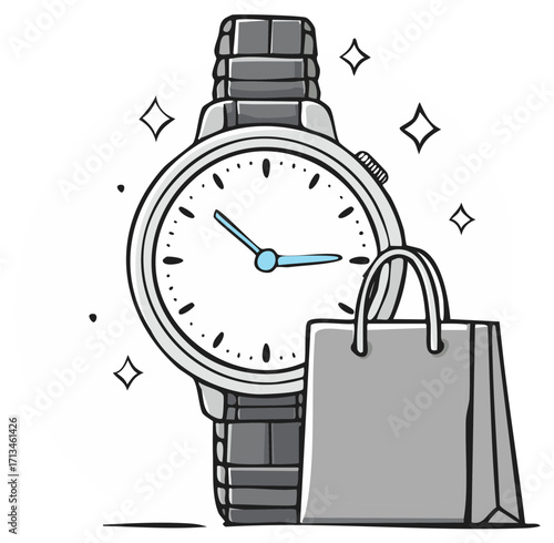 Stylish Wristwatch with Shopping Bag Depicts Time to Shop Promotions and Sales