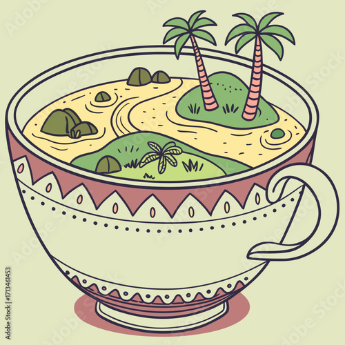 Whimsical illustration of a tropical island paradise floating inside a decorative coffee cup filled with yellow liquid