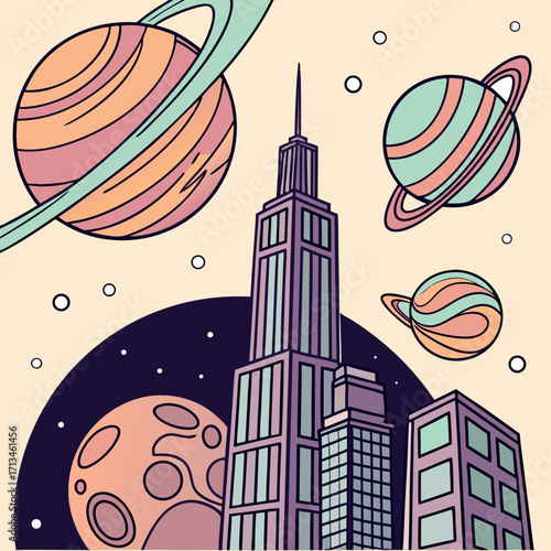 Whimsical illustration of colorful planets and moons orbiting a stylized cityscape with tall skyscrapers against a starry night sky background