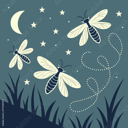 Whimsical illustration of three stylized fireflies glowing and flying through a dark night sky with a crescent moon and stars above tall grass