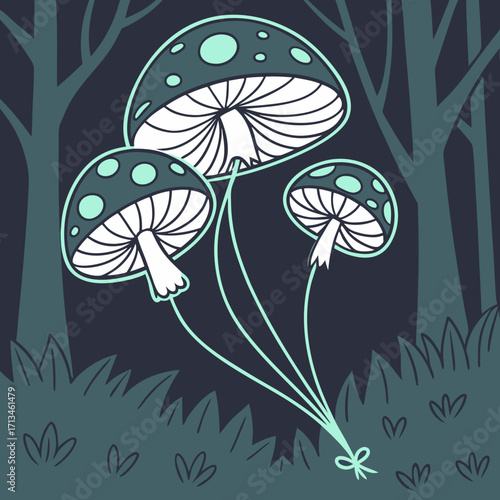 Whimsical illustration of three teal spotted mushrooms tied together like balloons floating in a dark forest with tall trees and grassy ground