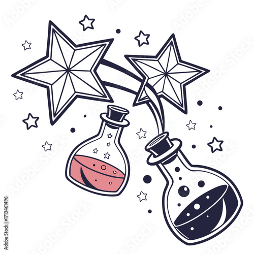 Whimsical illustration of two potion bottles with stars and bubbles creating a magical and enchanting atmosphere
