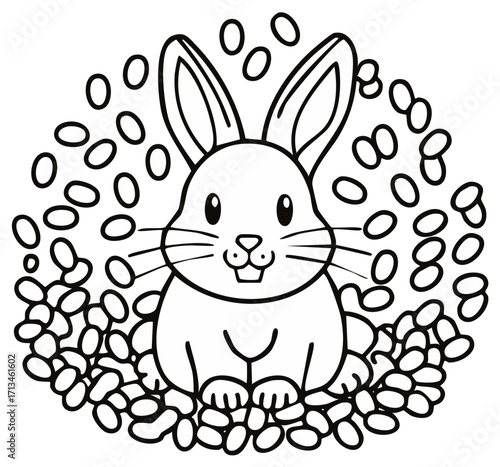 Cute cartoon bunny surrounded by oval shapes and beans in black and white outline