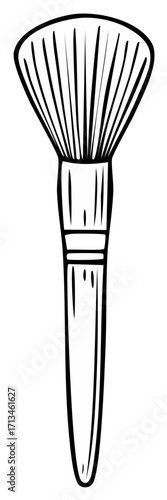 Stylized black and white drawing of a makeup brush with a fanned bristles and a handle