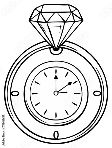 Cartoon Outline of Time Clock Ring with Diamond Illustration Concept