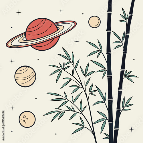 Whimsical space scene with saturn and planets intertwined with elegant bamboo stalks and leaves