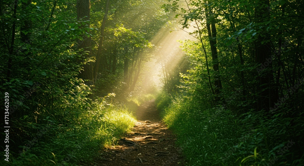 Obraz premium A sunlit path cuts through a lush green forest with beams of light filtering through the canopy