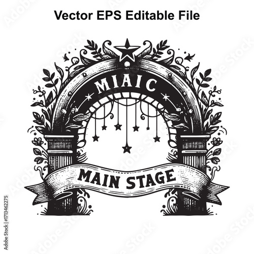 Vector art of vintage main stage archway with stars and leaves