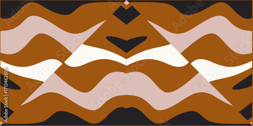 A Symmetrical Abstract Pattern Featuring Flowing Wavy Lines and Geometric Shapes in Earth Tones.